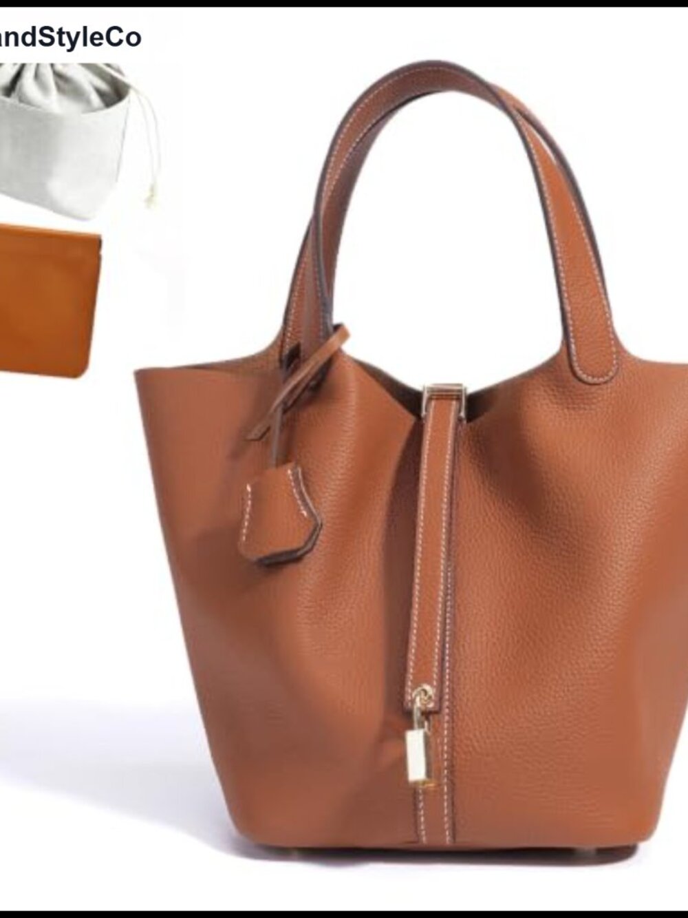 Genuine Leather Bucket Bag with Lock Design Handbag